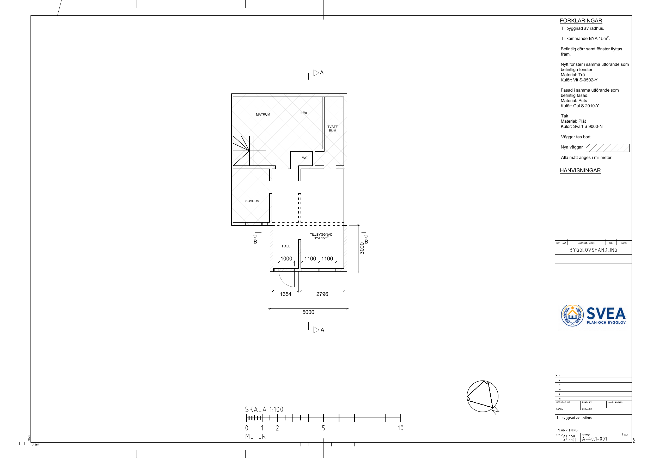 Planritning för tillbyggnad av radhus i Stockholm med ny hall, planlösning och måttsättning