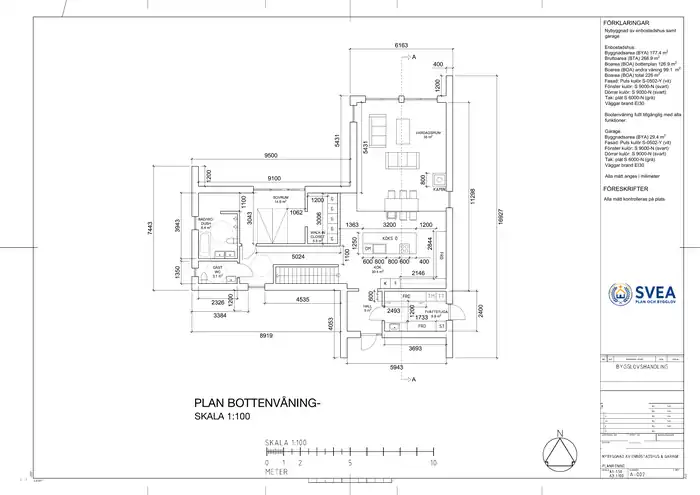 Planritning för nybyggnad av villa i Halmstad med planlösning och måttsättning